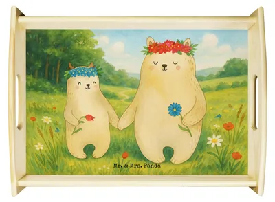 Produktbild von Mr. & Mrs. Panda Dekotablett Bären mit Blumenkranz Design - Weiß - Geschenk, Serviertablett, Muttertag, Sofa Tablett, Family, Mutter, für bett, betttablett, Familie