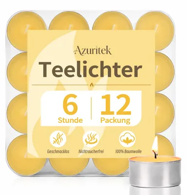12 Teelichter aus Bienenwachs, 6 Std. Brenndauer, gelb