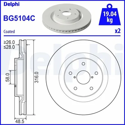 Produktbild von 2x DELPHI Bremsscheibe BG5104C für SUBARU Forester V (SK) OUTBACK 48 5mm 316mm
