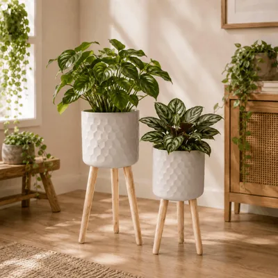 Produktbild von Blumentöpfe 2er Set Beige Ø 24,5 x 60 cm & 28 x 67,5 cm mit Füßen