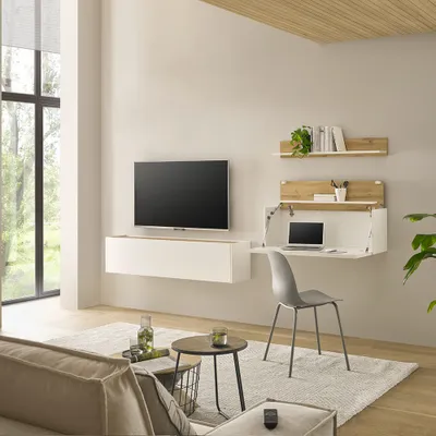 Produktbild von Wohnwand weiß mit Eiche CRISP-61 modern 3-teilig mit Homeoffice-Lösung