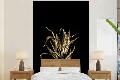 Produktbild von MuchoWow® Fototapete für Wohnzimmer oder Schlafzimmer Wandtapete Vinyl Motivtapete Blätter - Gold - Schwarz - 225x350 cm - Schlafzimmer tapete