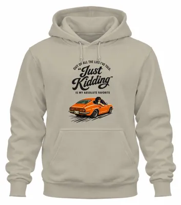 Immagine prodotto di Felpa con cappuccio "Just Kidding", frase sarcastica, stile retrò, taglia M, colore naturale