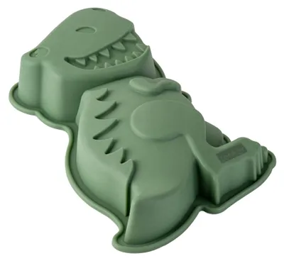 Produktbild von Zenker Silikonbackform Dinosaurier für Kindergeburtstage Kreatives Backen mit platin Silikon in Graugrün, 24 x 16,5 x 5 cm