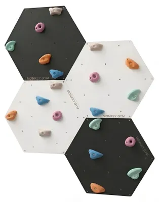 Productafbeelding van Zeshoekige klimwand voor de kinderkamer (set van 4) gemaakt van 1,5 cm dik multiplex, wit/zwart, met 20 klimgrepen