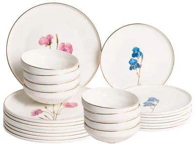 Zdjęcie produktu dla BELIANI Zestaw naczyń 24-częściowy biały porcelana wzór w wielokolorowe kwiaty ręcznie robiony do kuchni jadalni
