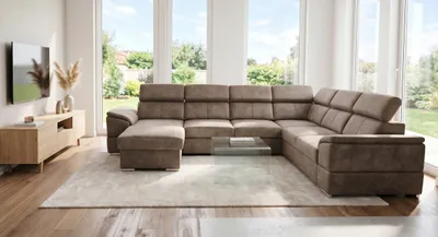 Productafbeelding van DOMI Hoekbank JOY PANORAMIC met slaapfunctie, U-vormig, universeel, bank met bedlade, woonkamerbank, bank, bed, bankstel - Bruin, model Salvador 3