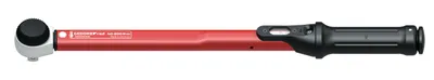 A red torque wrench with a black handle is shown against a white background.