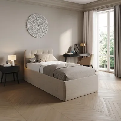 Produktbild von Home Collective Polsterbett 100x200 cm Doppelbett Bett mit verstellbarem Lattenrost & Bettkasten, gepolstertes Kopfteil, Germany | Creme