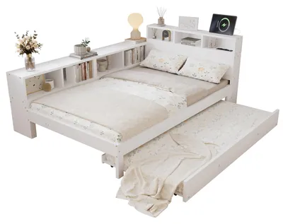 Produktbild von Holzbett mit Regal, Gästebett, Lattenrost und Mehrfachsteckdose, 120x200 cm, Jugendbett, Kiefer