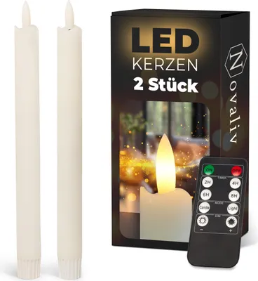 Produktbild von Stabkerzen LED mit Timer WEISS 2er indoor mit 6 Stunden Timer - ECHTWACHS 23cm Höhe für Kerzen 2,2cm Durchmesser 2 AAA Batterien notwendig LED Stabkerzen flackernde Flamme bewegliche Flamme
