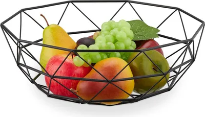 Productafbeelding van Metalen fruitschaal met geometrisch ontwerp - ongeveer 135 x 345 x 345 cm - geschikt voor groenten en fruit - moderne, zwarte fruitschaal