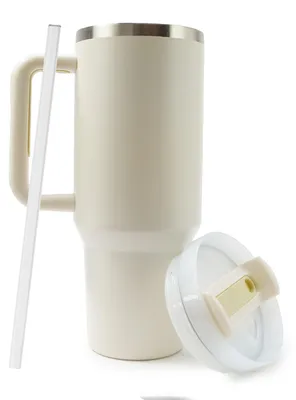 Productafbeelding van Eurocatch Tumbler 1.2L - Thermosbeker met Rietje en Handvat - 11 uur koud 48 uur met ijs - Vaatwasserbestendig - Beige