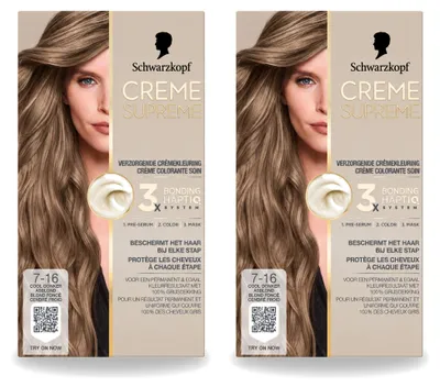 Imagen del producto de 2 unidades de Schwarzkopf Creme Supreme 7-16, tinte permanente para el cabello, color rubio ceniza oscuro, 245g cada uno, pack ahorro