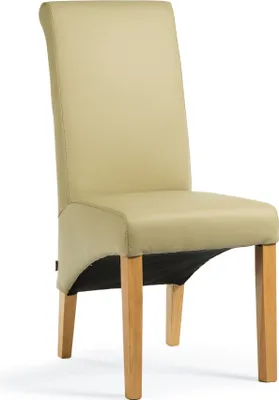 A single beige leather dining chair with light wood legs against a white background.