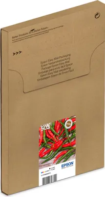 A cardboard box with a label showing chili peppers and product information.