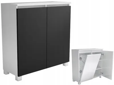 Zdjęcie produktu dla komoda łazienkowa 80 80cm z koszem i półkami czarny mat stojąca wisząca