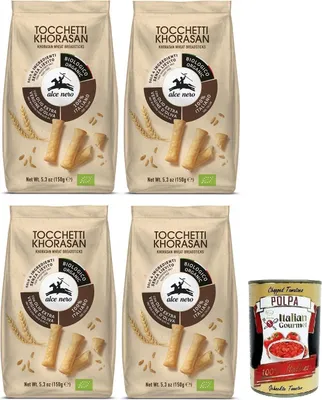 Produktbild von 4x Alce Nero Tocchetti Breadsticks,Bio-Backprodukt mit -Khorasan-Weizen und extra natives Olivenöl,Packung mit 150g + Italian Gourmet Polpa di Pomodoro 400g Dose