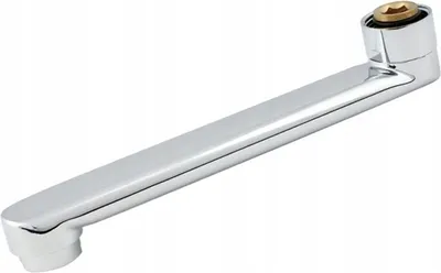 A chrome-plated faucet spout with a brass fitting at the end, shown against a white background.