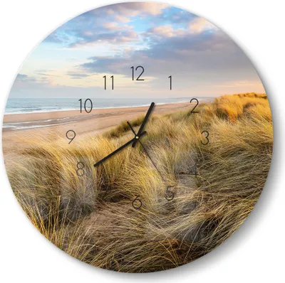 Produktbild von DEQORI Glasuhr Ø50 cm Zahlen 'Dünen am Meer' Wanduhr Glas Uhr Design leise Küchenuhr