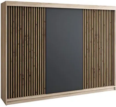 A wardrobe with sliding doors and a slatted design.
