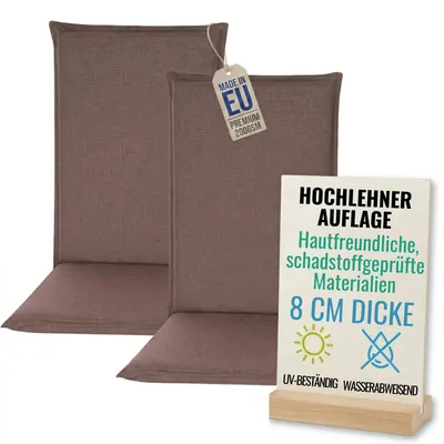 Produktbild von Pillows24 - 2x Hochlehner Auflagen 120x50x8 cm | Bequeme & Wetterfeste Gartenstuhlauflagen | Polster Sitzkissen für  Gartenmöbel |   EU | Braun