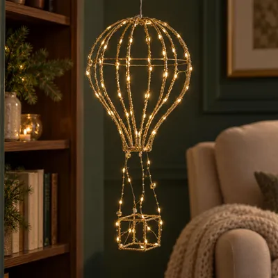 Produktbild von LED Heißluftballon gold zum Hängen mit Timer - 80 LED - Hängedeko beleuchtet 38 cm batteriebetrieben