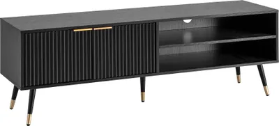 Lowboard Schwarz Eiche-Dekor in Gesamtansicht mit gerillten Türen und offenen Fächern sowie Metallbeinen mit Goldakzenten.