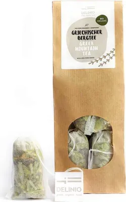 Produktbild von Delinio Griechischer Bio Bergtee Sideritis Scardica handgefüllte Teebeutel 10 x a 2 Gramm, der Beliebte vom Olymp, nur Blüten, sehr ergiebig