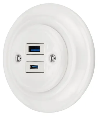 Obrázek produktu pro Nástěnná zásuvka, retro design, porcelán, s USB-A a USB-C, 2 zásuvky, bílá barva