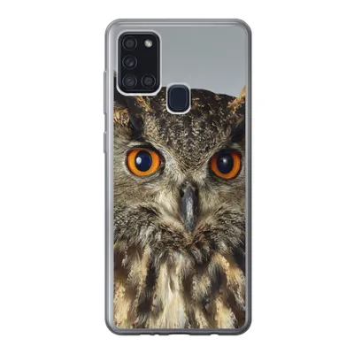 Produktbild von MuchoWow® Handyhülle Schutzhülle Hülle für Samsung Galaxy A21s Braune Eule mit hellblauem Hintergrund Silikon Softcase Handy Hülle - Hartschale