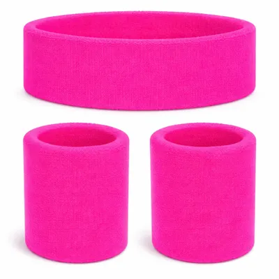 Produktbild von 3 in 1 Schweißband pink Set mit Stirnband –  Accessoire Vokuhila Kostüm zu Retro neon 80er 90er Outfit – Fasching & Karneval