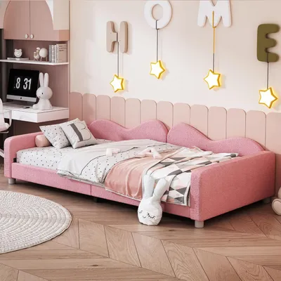 Produktbild von Fortuna Lai Polsterbett 90*200cm, Schlafsofa, Bettgestell aus weichem Teddystoff mit Rückenlehne und Armlehnen das ideale Bett für Kinder und Gäste,Rosa