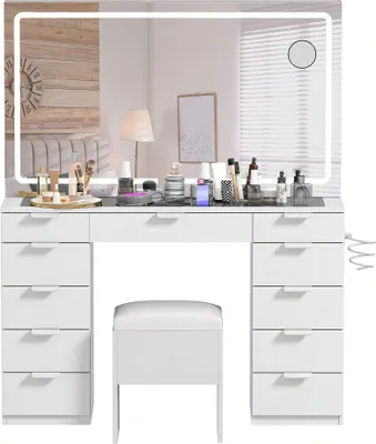 Produktbild von Schminktisch mit verstellbaren LED-Beleuchtung und Steckdosen, einstellbare Helligkeit, mit 11 Schubladen und 1 Hocker