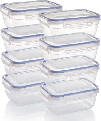 Produktbild von 8er Set Frischhaltedosen – Stapelbare Vorratsdosen aus Kunststoff mit Deckel, rechteckig, stapelbar, bruchfest, mikrowellen- & spülmaschinengeeignet