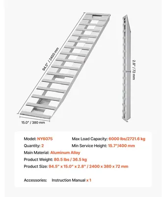 Obrázek produktu pro Nakládací rampa, hliníková slitina, nosnost 6000 lbs, 94x15 palců