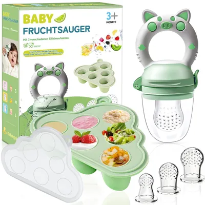 Produktbild von Fruchtsauger Baby Set mit 3 Silikon Schnullern und Eiswürfelform Grün