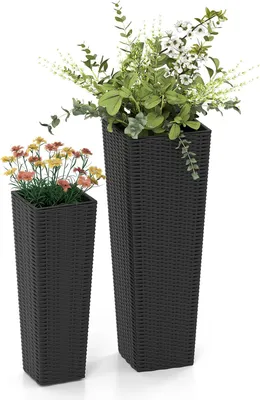 Produktbild von GOPLUS 2er Set Pflanzkübel, Blumentopf hoch mit Innentopf, Rattan Blumenkübel mit Entwässerungslöcher, Höhe 80 cm / 60 cm für Veranda, Garten (Schwarz)