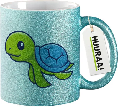 Produktbild von Huuraa Glitzertasse Schildkröte Comic 330ml Blau Keramik Kaffeebecher Geschenkidee