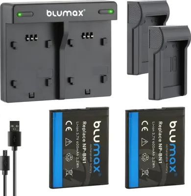 Produktbild von 2x Akku + Lader für Sony NP-BN1  DSC-WX150, DSC-WX200, DSC-WX220 600 mAh