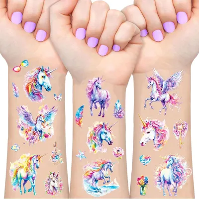 Image de Kit de tatouages temporaires à paillettes, 12 motifs licorne, pour la décoration de fêtes