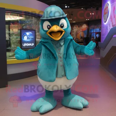 Produktbild von Türkisfarbener REDBROKOLY Pinguin Maskottchen Kostüm charakter bekleidet mit einer Lederjacke und Fußpolstern