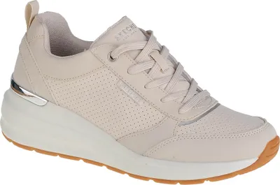 A single beige Skechers wedge sneaker is shown from a side angle against a white background.