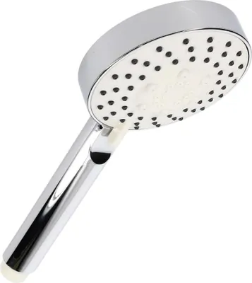 A chrome-plated hand shower head with a white face and black spray nozzles, shown against a white background.