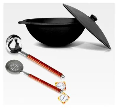Produktbild von Gusseisen Kazan 6L mit Aluminiumdeckel und Schaumlöffel für Plov, 40 cm