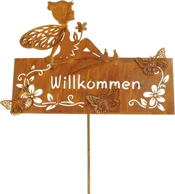 Produktbild von Stecker Willkommen 75x27cm mit Elfe Fee Gartenstecker Deko, Farbe:rost
