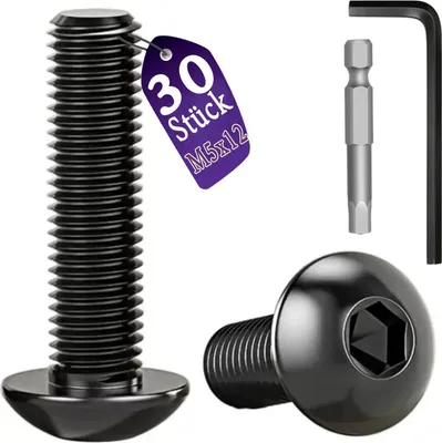 Produktbild von Linsenkopfschrauben, M5 Schrauben Schwarz, Flachkopfschraube Edelstahl A2 V2A, Halbrundkopfschrauben Vollgewinde Möbelschrauben, M5x12mm, 30 Stück mit Schlussel und Schraubendreher Bit