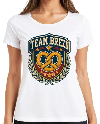 Zdjęcie produktu dla Koszulka damska, biała, rozmiar 3XL, z motywem "Brezn Brezel Bayern", herb Bawarii i motywem Oktoberfest/Wiesn, z elementami tradycyjnego stroju bawarskiego (Lederhose, Dirndl)