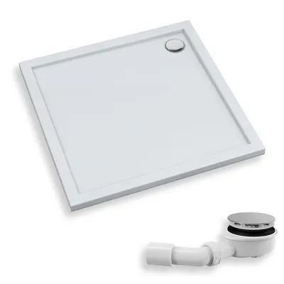 Zdjęcie produktu dla Brodzik Posadzkowy Prysznicowy Kwadratowy 90x90x4,5 Akrylowy, Gładki | w zestawie - Syfon, odpływ ⌀90 mm | BADLAND CORRINA NEW