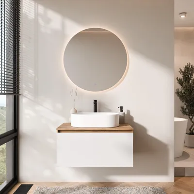 Produktbild von Planetmöbel ARISA Badmöbel Set Weiß – Mit Nova LED Spiegel und weißem Keramik-Aufsatzwaschbecken 55 cm